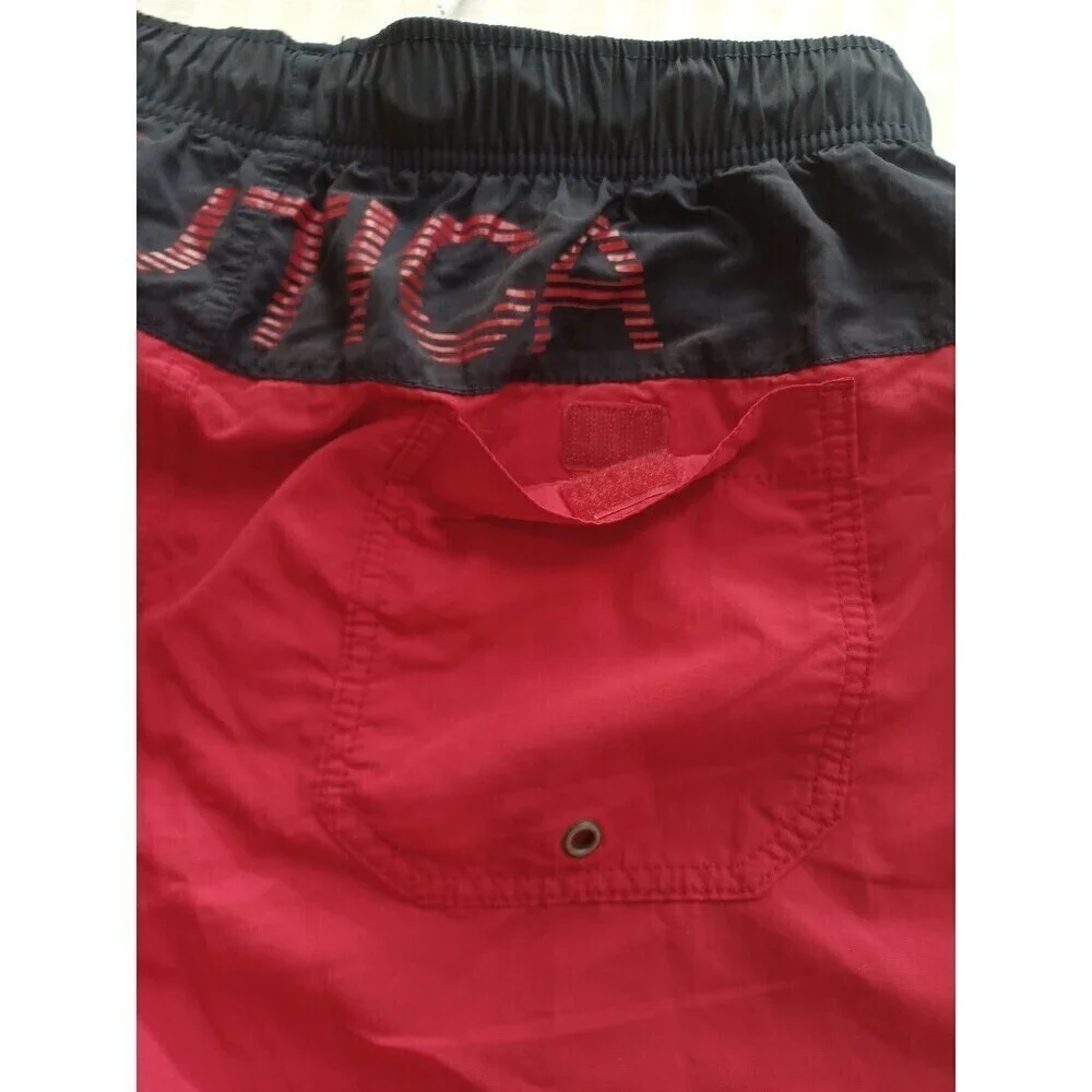 Nautica swim trunks shorts mens M red navy spellout mesh briefs pockets beach